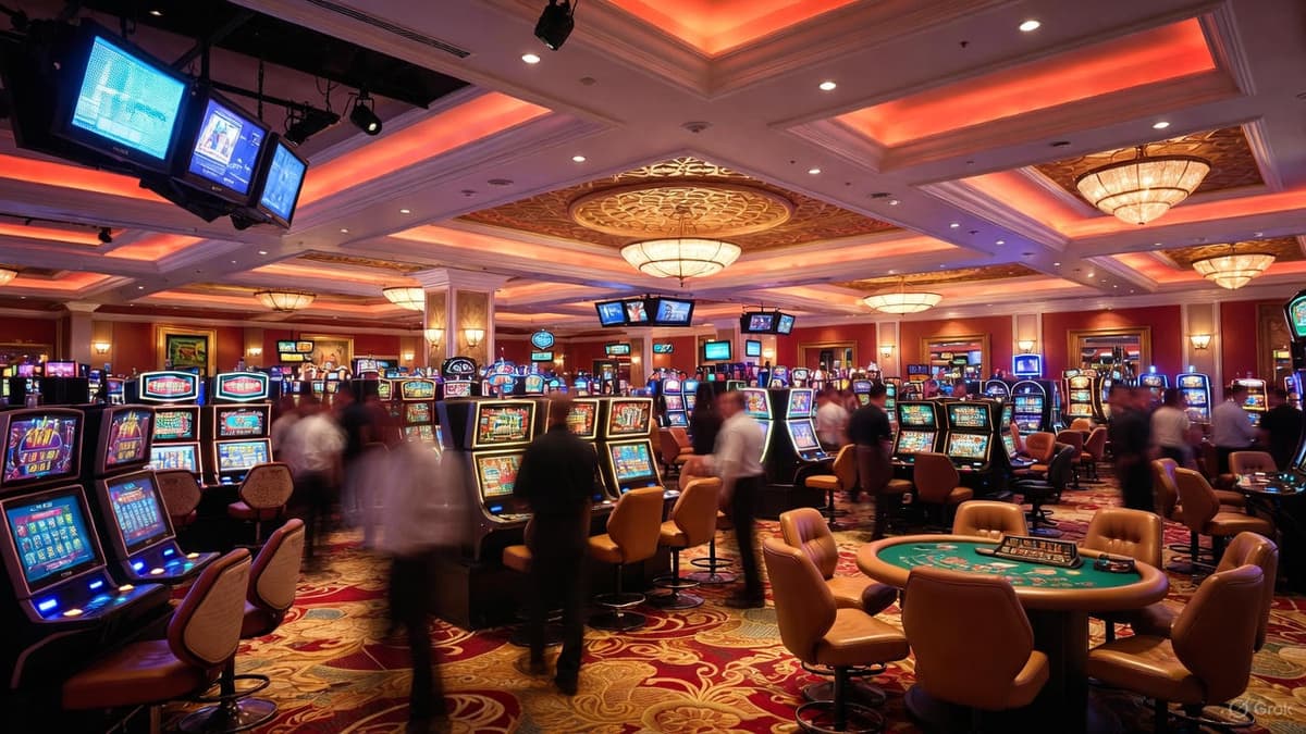 Wide view of Platinum Horizons casino floor with slot machines and table games