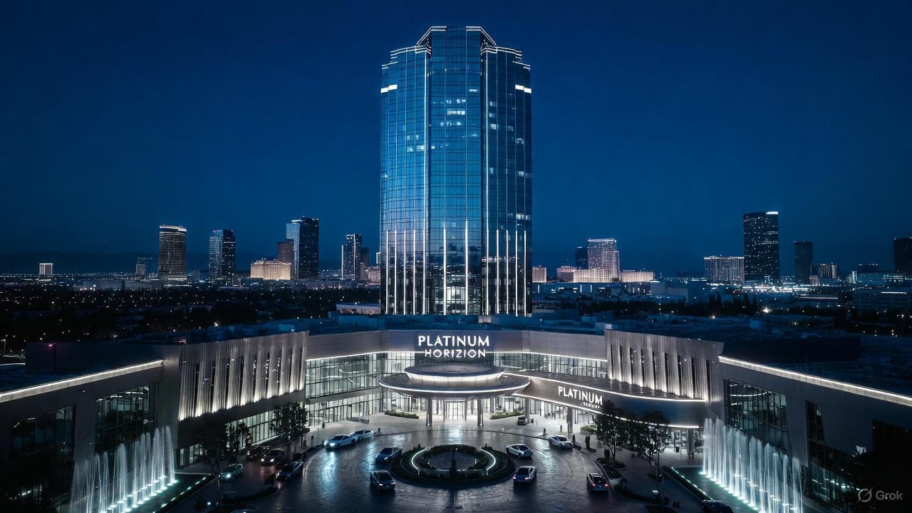 Platinum Horizons casino and hotel exterior illuminated at night with city skyline