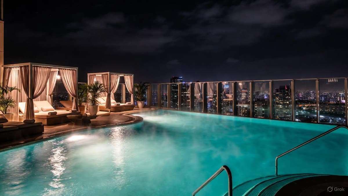 Spa infinity pool with city skyline at night